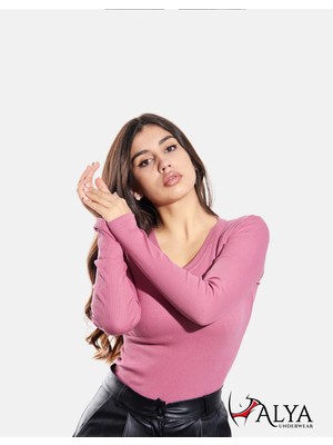 Alya Underwear Kaşkorse V Yaka Body Sweatshirt, Fitilli Kumaş, Likralı, Gül Kurusu