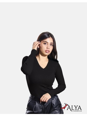 Alya Underwear Pamuklu Kaşkorse V Yaka Body Sweatshirt, Fitilli Kumaş Likralı Bluz, Siyah Badi