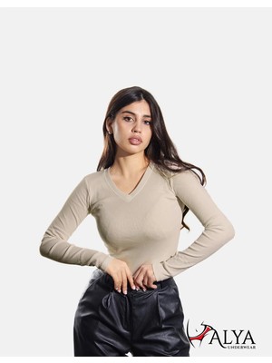 Alya Underwear Kaşkorse V Yaka Body Sweatshirt, Fitilli Kumaş Bluz, Likralı, Bej (Kemik) Günlük Badi