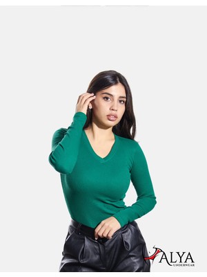 Alya Underwear Pamuklu Kaşkorse V Yaka Body Sweatshirt, Fitilli Kumaş Likralı Bluz, Çimen Yeşili Badi