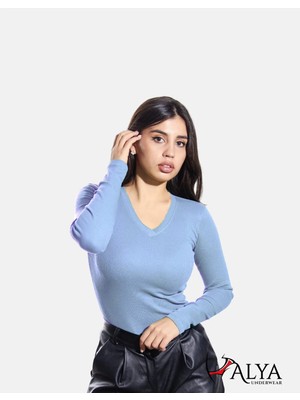 Alya Underwear Kaşkorse V Yaka Body Sweatshirt, Fitilli Kumaş, Likralı, Açık Mavi