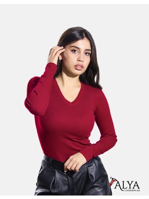 Alya Underwear Kaşkorse V Yaka Body Sweatshirt, Fitilli Kumaş, Likralı, Bordo