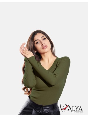 Alya Underwear Pamuklu Kaşkorse V Yaka Body Sweatshirt, Fitilli Kumaş Likralı Bluz, Asker Yeşili Badi