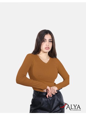 Alya Underwear Kaşkorse V Yaka Body Sweatshirt, Fitilli Kumaş, Esnek Bluz, Kahverengi Badi
