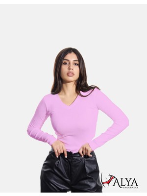 Alya Underwear Kaşkorse V Yaka Body Sweatshirt, Fitilli Kumaş Bluz Likralı, Lila Badi