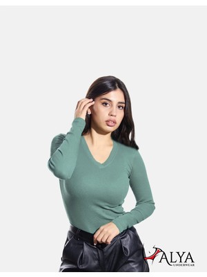 Alya Underwear Kaşkorse V Yaka Body Sweatshirt, Fitilli Kumaş Rahat Bluz, Likralı, Okaliptus Badi