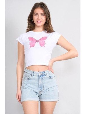 Çetinkaya Fithit 8846 Bayan Bisiklet Yaka Regular Baskılı T-Shirt Beyaz