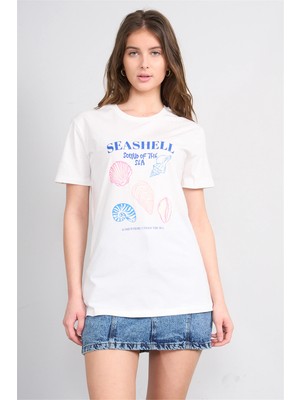 Çetinkaya Fithit 8898 Bayan Bisiklet Yaka Penye Regular Baskılı T-Shirt Krem