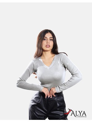 Alya Underwear Kaşkorse V Yaka Body Sweatshirt, Fitilli Kumaş, Likralı, Gri Melanj