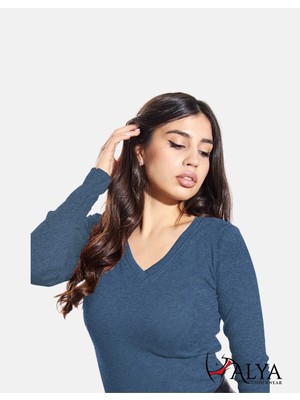 Alya Underwear Kaşkorse V Yaka Body Sweatshirt, Fitilli Kumaş Likralı Bluz Indigo Melanj Badi