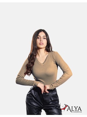 Alya Underwear Kaşkorse V Yaka Body Sweatshirt, Fitilli Kumaş, Likralı, Kahve Melanj