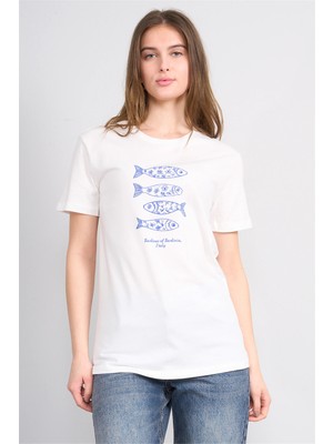 Çetinkaya Fithit 8883 Bayan Bisiklet Yaka Regular Baskılı T-Shirt Krem