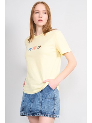 Çetinkaya Fithit 8887 Bayan Bisiklet Yaka Regular Baskılı T-Shirt Uçuk Sarı