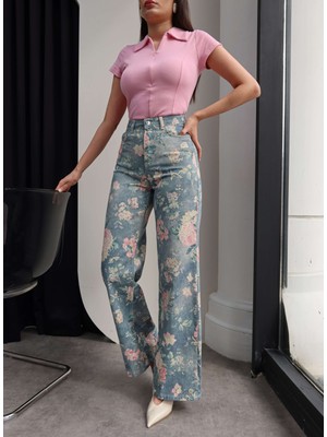 Esra Helvacı Çiçek Desen Yüksek Bel Wide Leg Jean