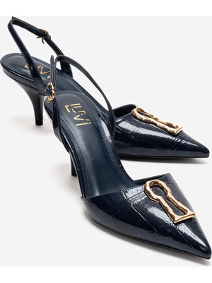 Luvi Yvella Lacivert Rugan Baskı Tokalı Sivri Burunlu Kadın Topuklu Ayakkabı
