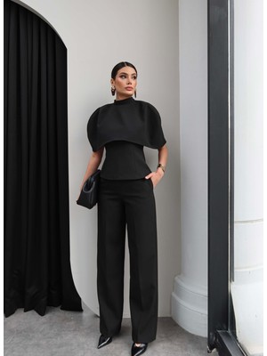 Esra Helvacı Pelerinli Bluz Pantolon Takım