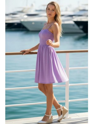 Mossta Ip Askılı Gipeli Mini Süprem Elbise - Mor