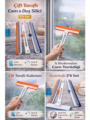 Bm House Bmhouse 2’li Katlanır Cam ve Duş Sileceği Çift Taraflı Cam Silme Aparatı (Turuncu + Lacivert)