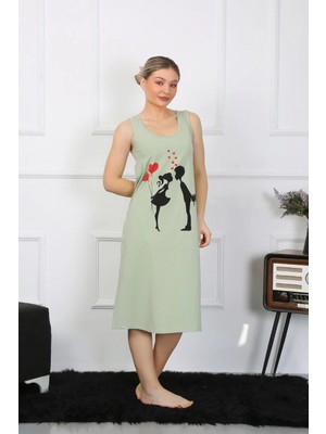 MiraLive Miray- Kadın Kalın Askılı Penye Uzun Fıstık Yeşili Gecelik