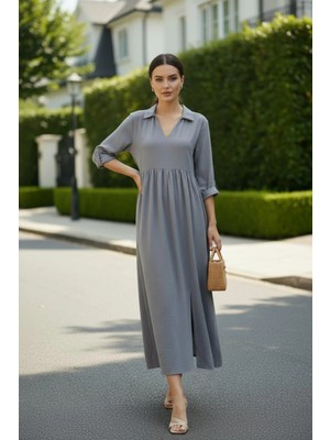 Mossta Truvakar Kol Gömlek Yaka Maxi Boy Aerobin Elbise - Gri