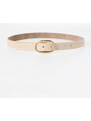 Jimmy Key Bej Oval Tokalı Deri Görünümlü Örgü Desenli Kemer