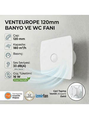 Venteurope Fine 125 Bd – 12.5’luk Sessiz Banyo ve Tuvalet Aspiratörü – Yüksek Emişli Havalandırma Fanı