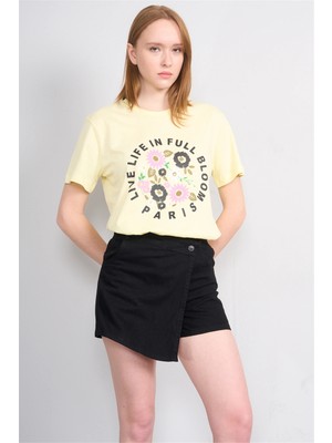 Çetinkaya Fithit 8788 Bayan Bisiklet Yaka Regular Baskılı T-Shirt Uçuk Sarı