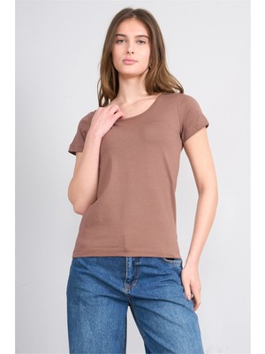 Çetinkaya Fithit 8913 Bayan Kayık Yaka Penye Süprem T-Shirt Kakao