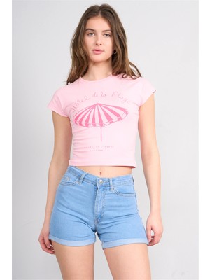 Çetinkaya Fithit 8872 Bayan Bisiklet Yaka Penye Baskılı Crop T-Shirt Açık Pembe