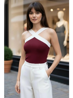 Mossta Askılı Çapraz Yaka Dalgıç Bluz - Bordo