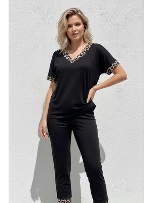 Mossta Kısa Kollu Leopar Detay Viskon Bluz - Siyah