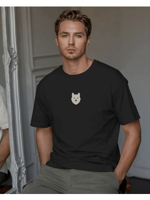 Muhtar Store Beyaz Husky Mavi Göz Baskılı Unisex Oversize Tişört – Minimal Premium Husky Tasarım