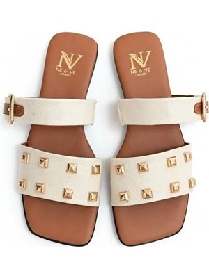 Ne&Ve Shoes Bej Keten Aksesuar Detaylı Içten Lastikli Kare Burunlu Terlik