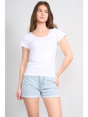 Çetinkaya Fithit 8913 Bayan Kayık Yaka Penye Süprem T-Shirt Beyaz