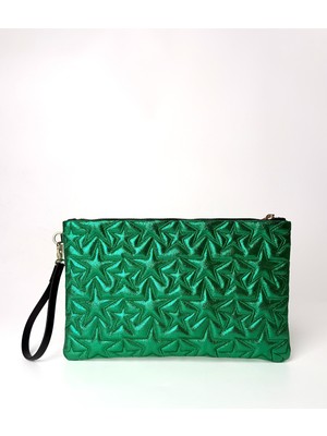 Ecrou Yıldız Desenli Yeşil  Parlak Portföy & Clutch Çanta Çıkarılabilir Bileklik Askılı 30 x 19 cm