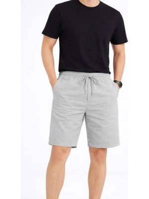 paris store Erkek Keten Kumaş Cepli Rahat Kesim Bel Lastikli Şort - Gri