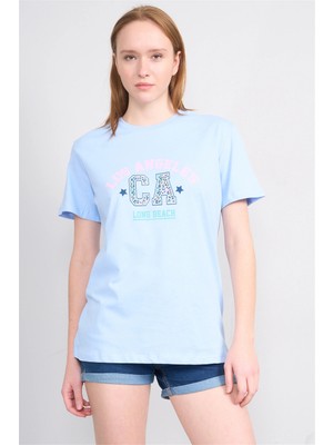 Çetinkaya Fithit 8892 Bayan Bisiklet Yaka Regular Baskılı T-Shirt Bebe Mavi