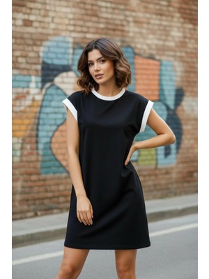 Mossta Minimal Elbise Bisiklet Yaka Günlük Rahat Kullanım Model - Siyah
