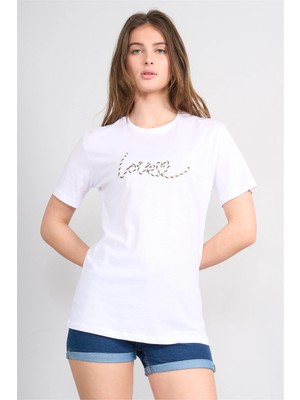Çetinkaya Fithit 8915 Bayan Bisiklet Yaka Regular Nakışlı T-Shirt Beyaz
