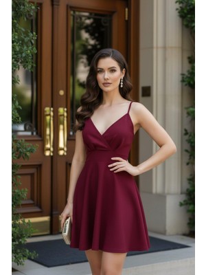 Mossta Kruvaze Yaka Kloş Ithal Krep Elbise - Bordo