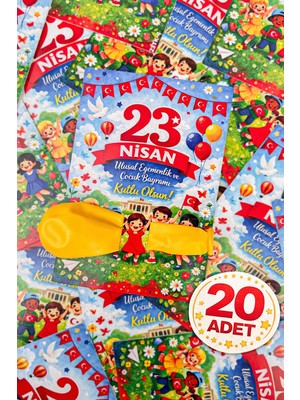 Msticker 20 Adet 23 Nisan Şeker ve Balon Konulabilen Tebrik Kartı 20'li Set – Sınıf Dağıtımlık Hediyelik Kart
