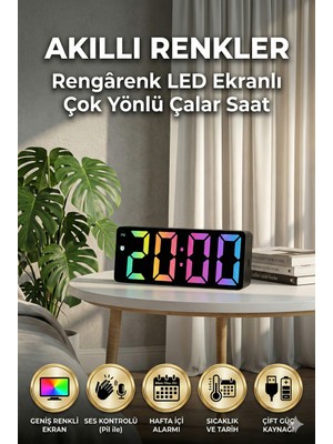Playtronik 6.5" LED Ekranlı Dijital Masa Saati Çalar Saat - Sesle Kontrol Edilebilir Şarjlı Pilli