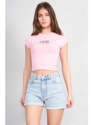 Çetinkaya Fithit 8864 Bayan Bisiklet Yaka Regular Baskılı T-Shirt Açık Pembe