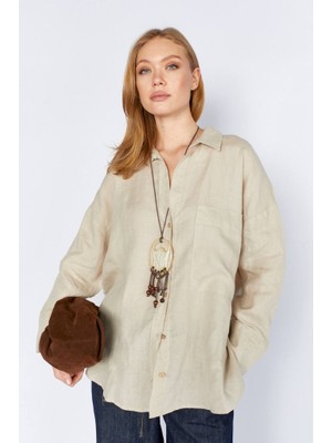CGA Keten Kadın Gömlek Taş Rengi Keten Gömlek
