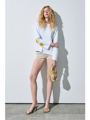 Grimelange VIRENA Kadını %100 Pamuklu Baskı Ve Nakış Detaylı Uzun Kollu Beyaz T-Shirt