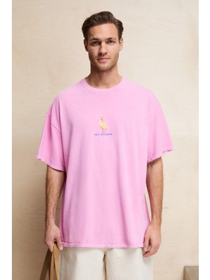 Grimelange SAMANTHO Erkek Yumuşak Ve Organik Pamuklu Yıkamalı Baskı Detaylı Pembe T-Shirt