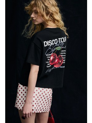 Grimelange TILORIA Kadın Organik Pamuklu Baskılı Bisiklet Yaka Regular Fit Siyah T-Shirt