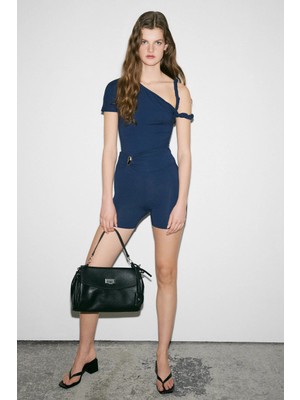 Grimelange CUQUIS Kadın Yumuşak Ve Esnek Kumaşlı Toka Detaylı Slim Fit Lacivert Şort