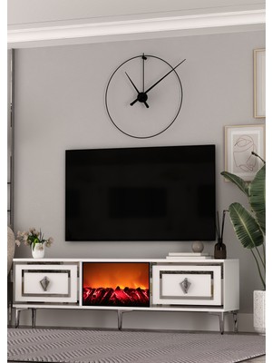 TV0067-TXA150DD-32 Şömineli Tv Sehpası Beyaz-Gümüş