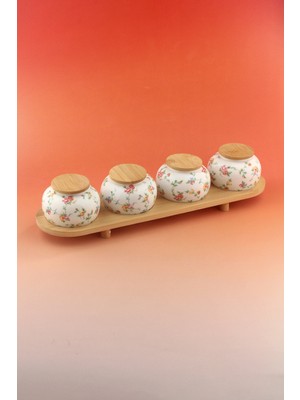 Bursa Porselen Dekor Mine Çiçeği Bambu Standlı 4 Lü Porselen Baharatlık